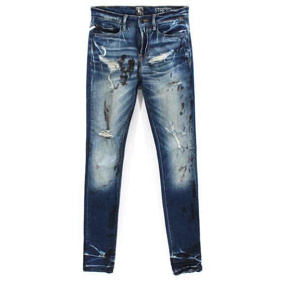 PRPS Heavily Distressed Mid Rise Skinny Leg Stretch Indigo Denim Jeans 28 NEW